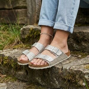 Birkenstock Arizona Sandals Womens 37 US 6 Stone Silver Metallic Slides Boho